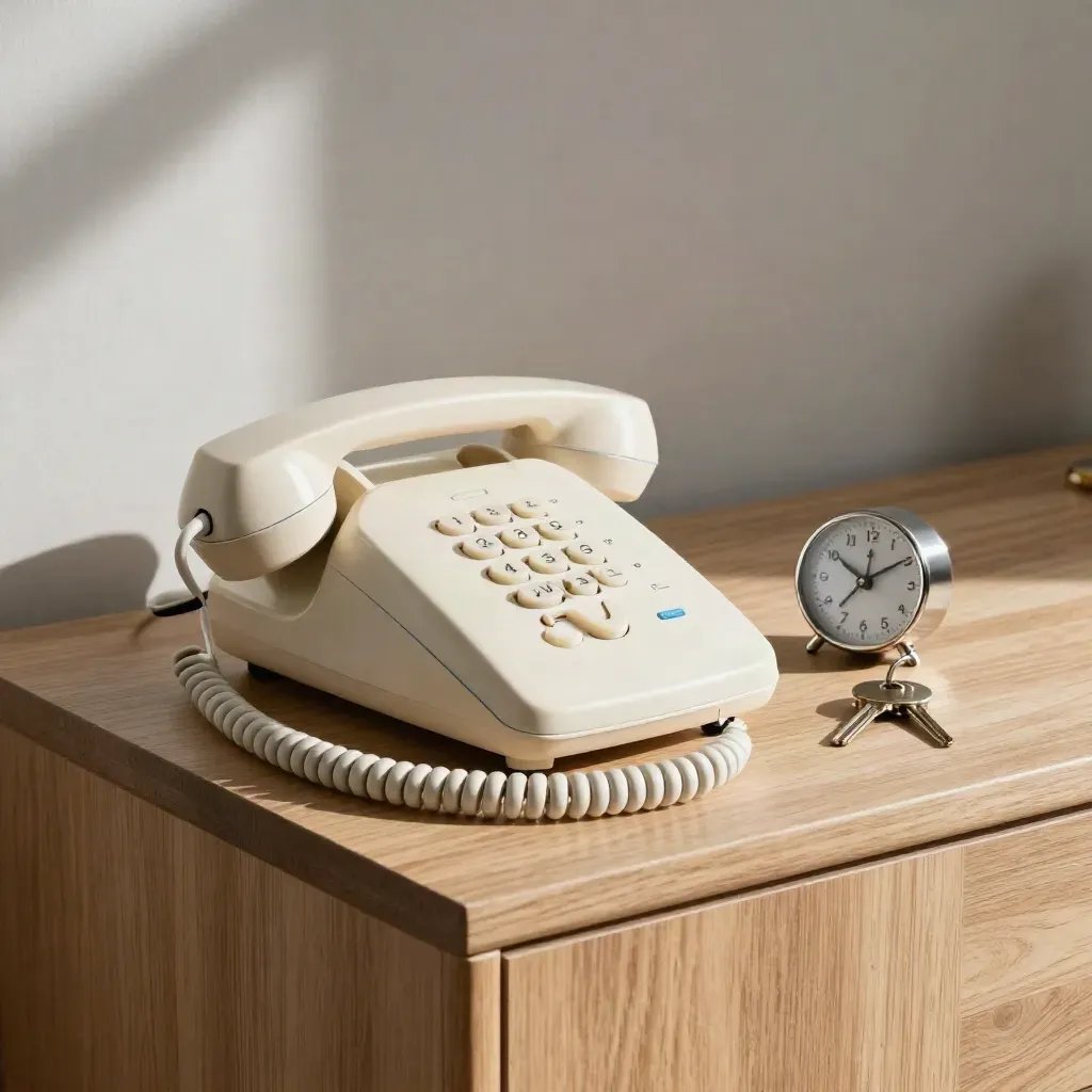 Halfgedraaide telefoonhoorn naast klokje en sleutels op lichte houten console.