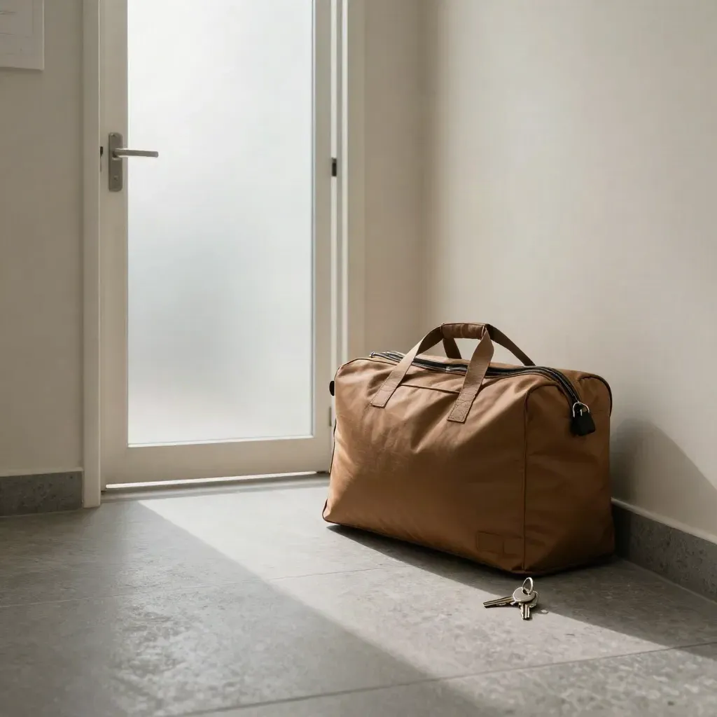 Ganghoek met medische tas, huissleutels en frosted glazen deur naar een lichte ruimte.