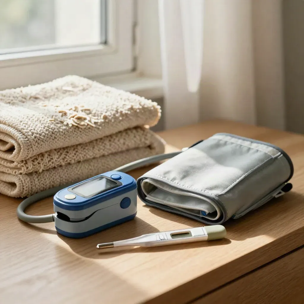 Bedside triageset met saturatiemeter, bloeddrukmanchet en thermometer bij een open raam.