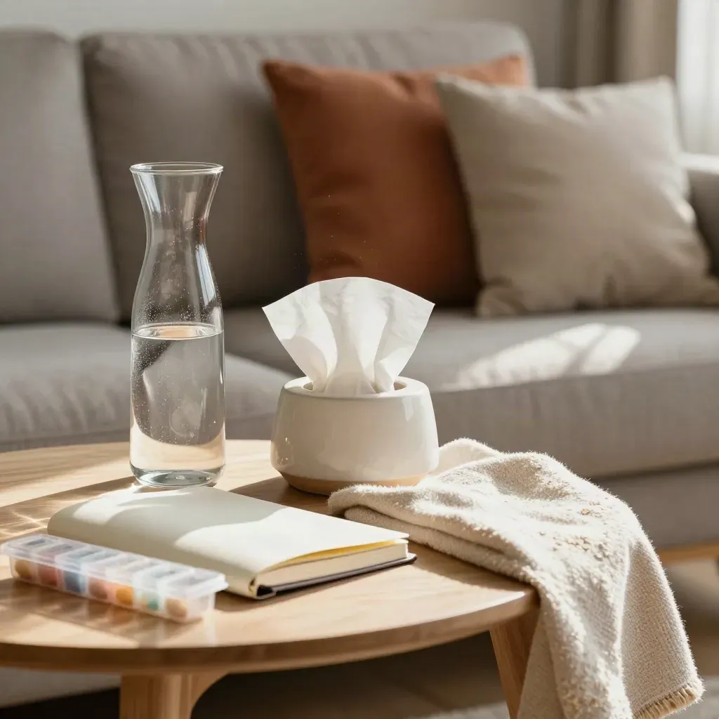 Nazorghoek in woonkamer met waterkaraf, tissues, pillendoosje en plaid op een bijzettafel.