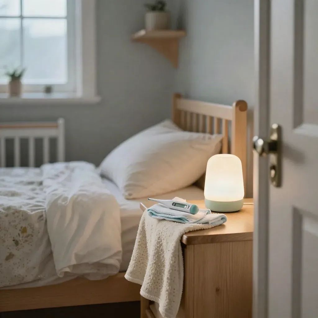 Bedside in kinderkamer met thermometer, koel washandje, deken en nachtlampje in zacht ochtendlicht.