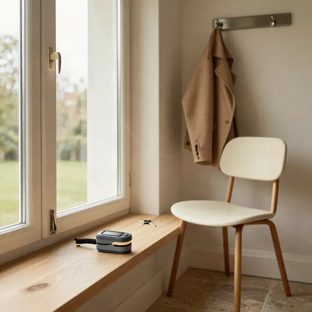 Open raamhoek met saturatiemeter, stoel, jas aan haak en sleutels op een plank.