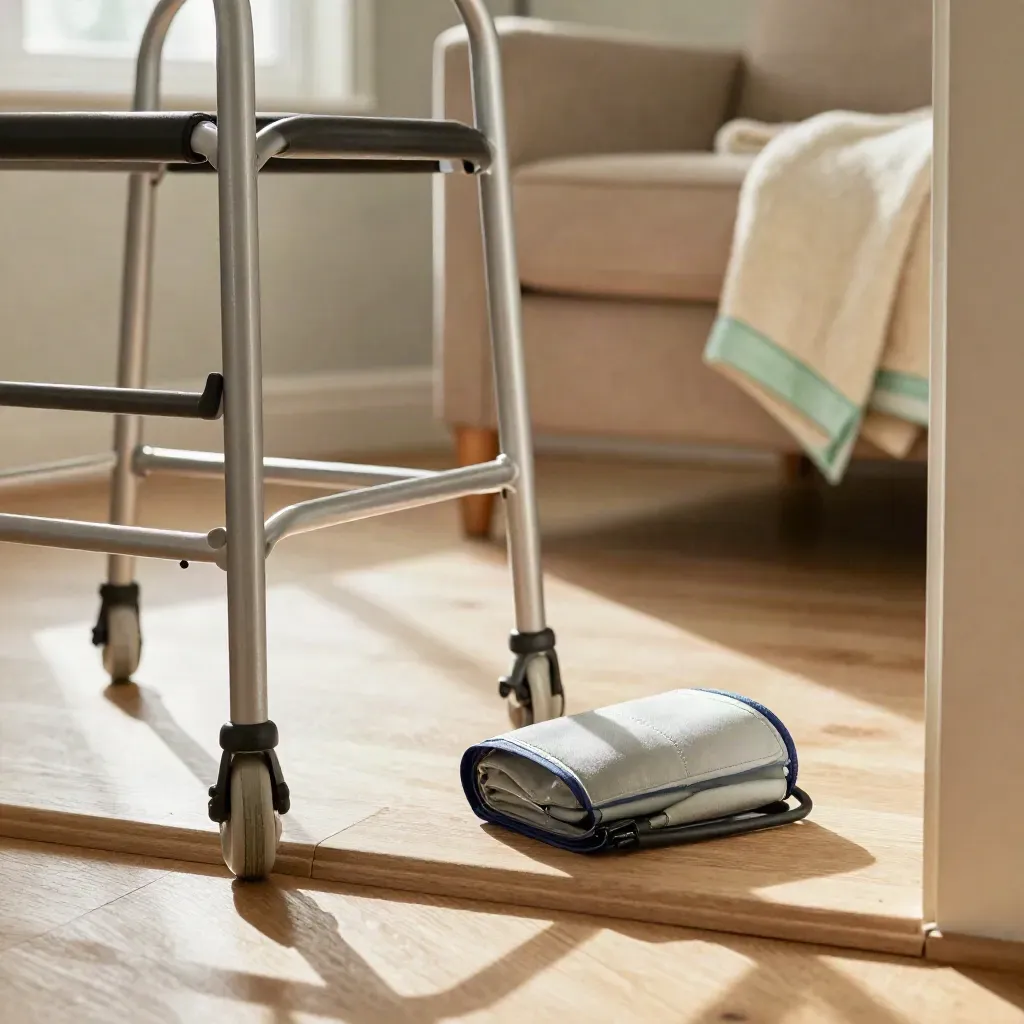Woonkamer gereed voor huisbezoek met rollator, bloeddrukset en gevouwen plaid.