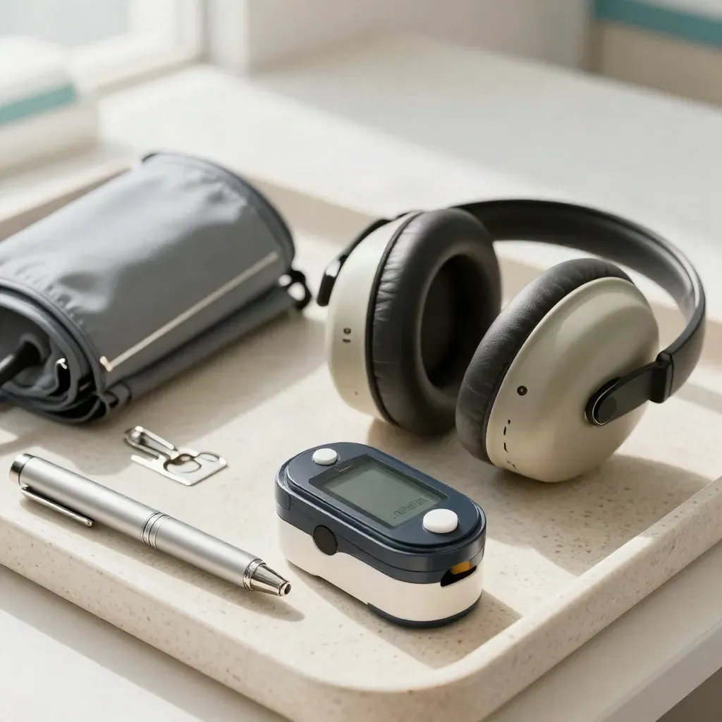 Extreem macro van triageheadset, penlight, saturatiemeter en vitale meettools op een werktray.