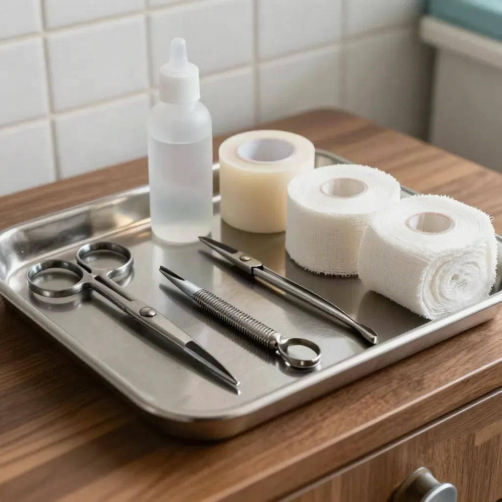 Wondzorgtools op een stalen tray met gaas, schaar, forceps, tape en zoutoplossing in klinisch licht.