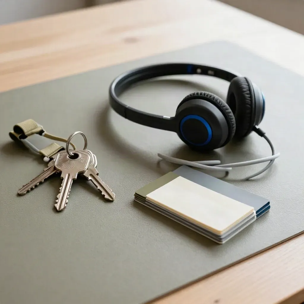 Sleutels, headset, kabel en kleurtabs op een mat bureau voor zorgcoördinatie.