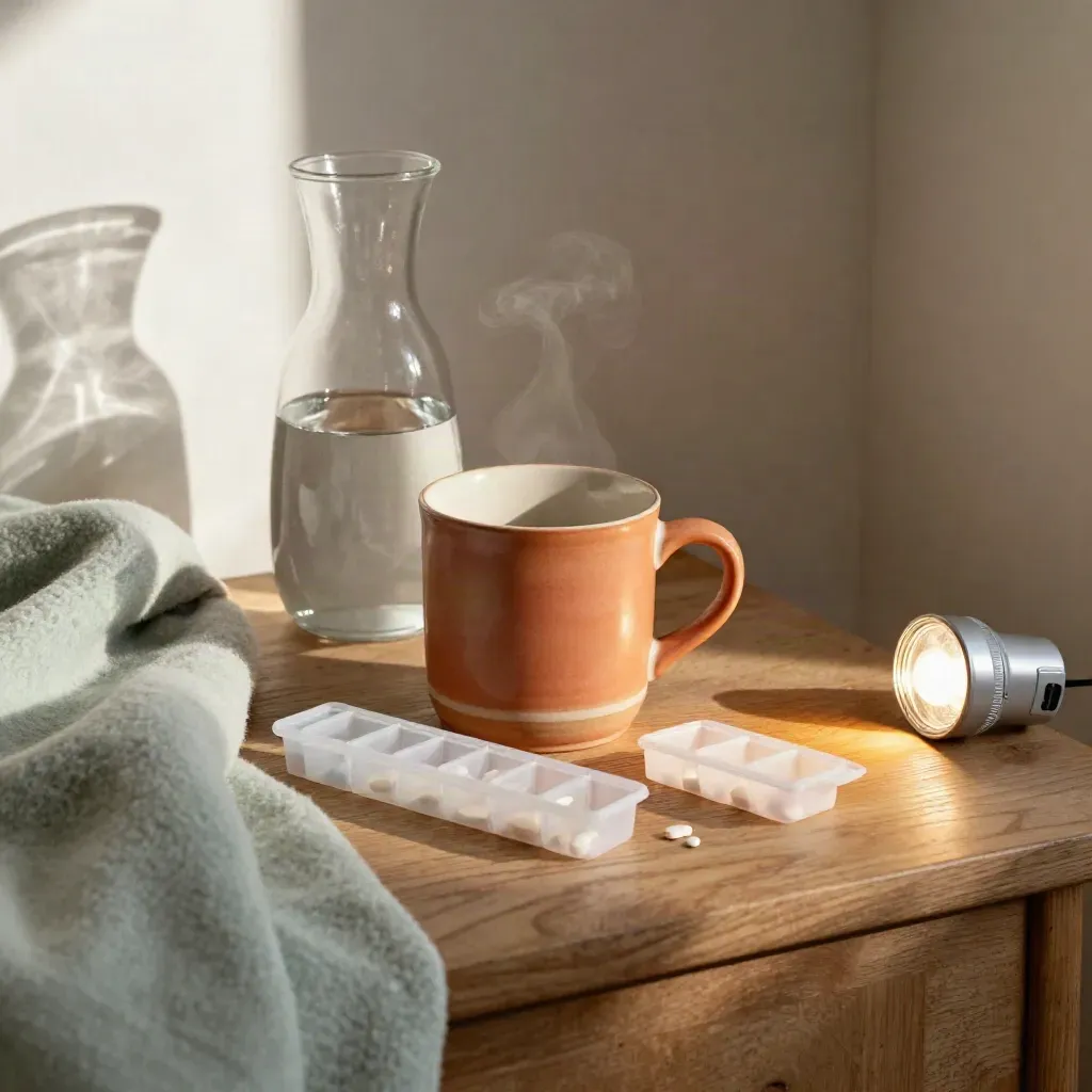 Bijzettafel met mok, waterkaraf, medicijndoos, plaid en zachte zaklamp in warme avondgloed.