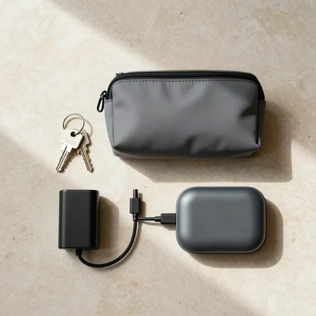 Bovenaanzicht van medische tas, sleutels, oplader en route-etui op een stenen oppervlak.