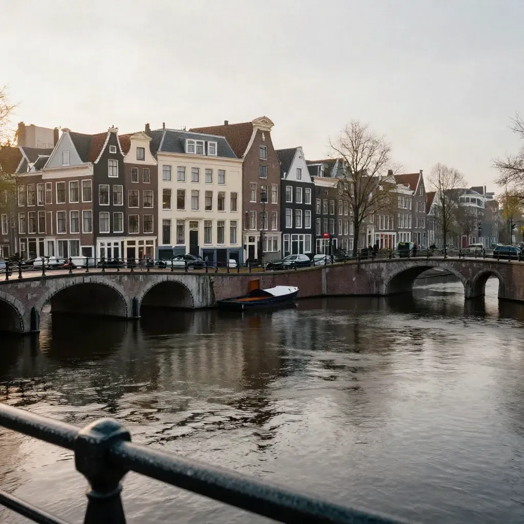 Amsterdamse grachten en brug in gouden avondlicht, met kalm water en hoge skyline.