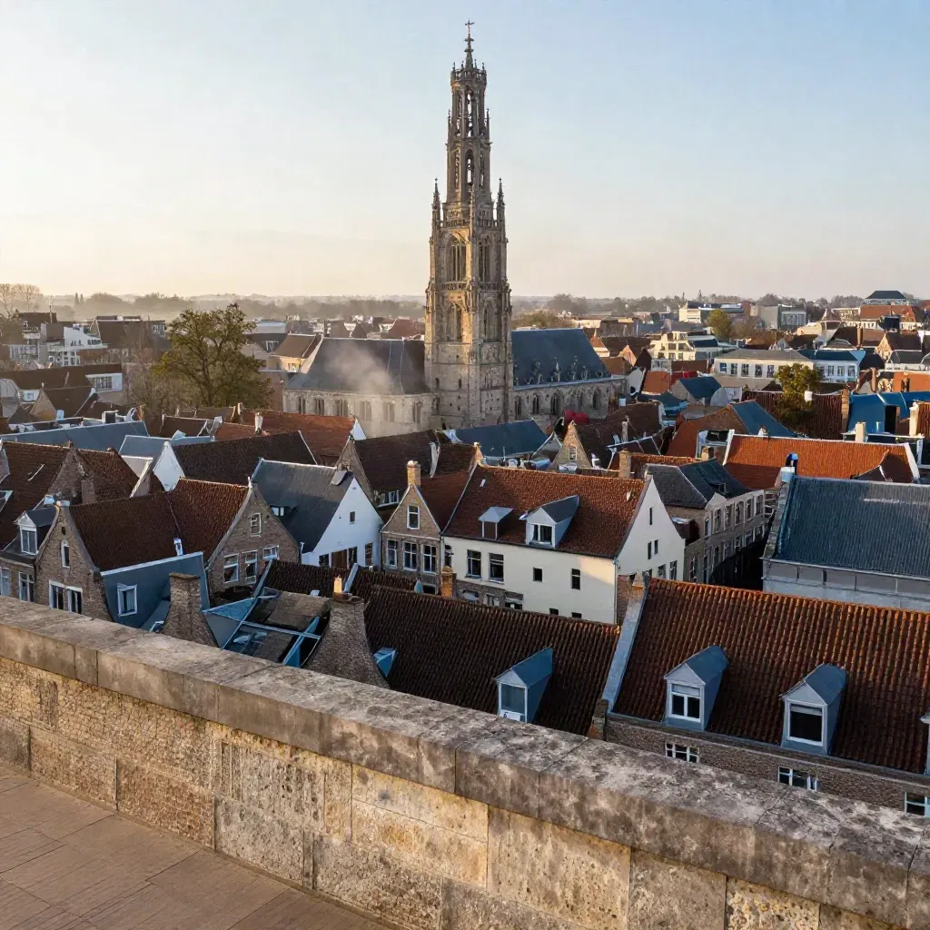 Uitzicht op de Domtoren boven Utrechtse daken met zachte haze en lege ruimte voor tekst