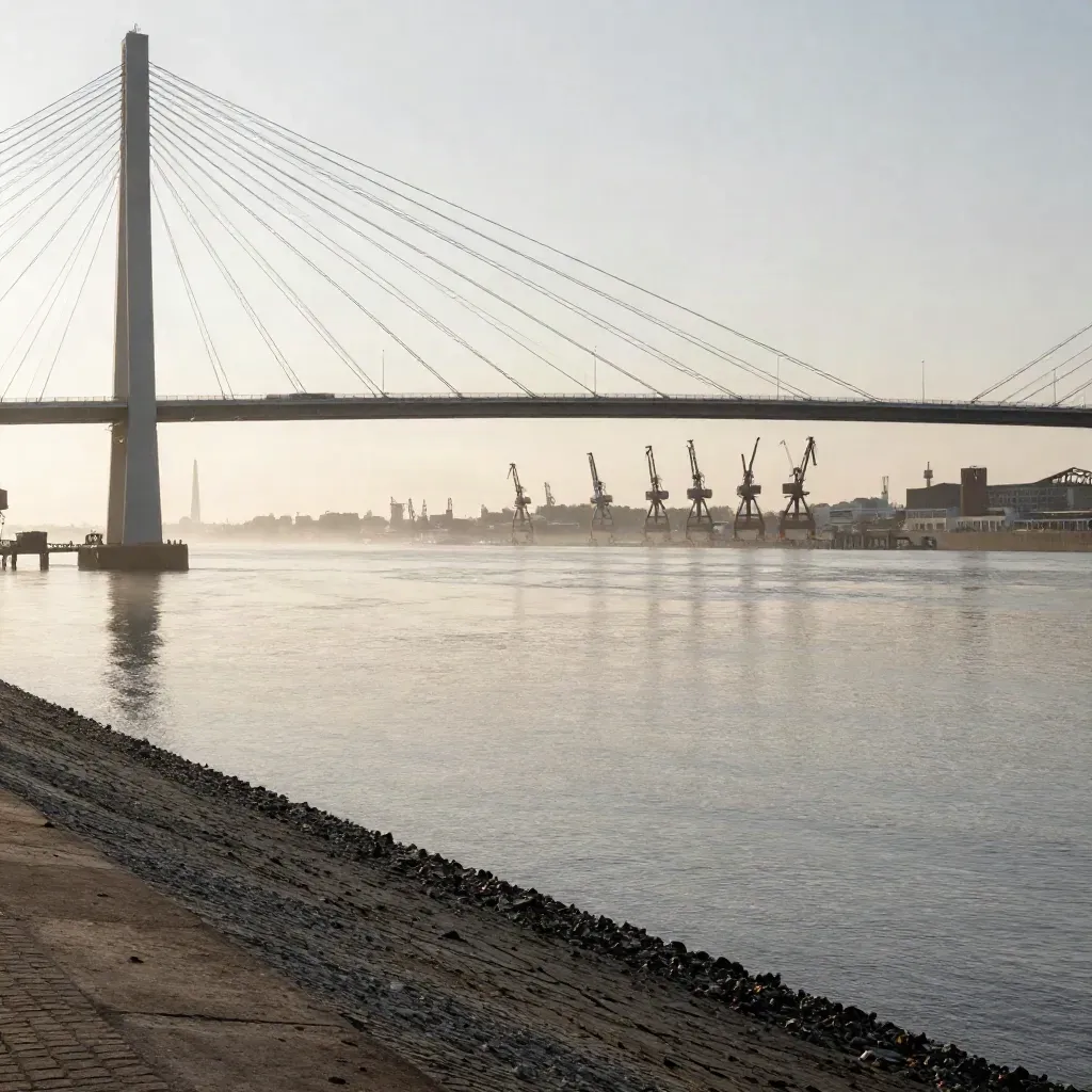 Erasmusbrug en havenkranen boven de Maas in zachte avondmist, met veel rustige ruimte onderin.