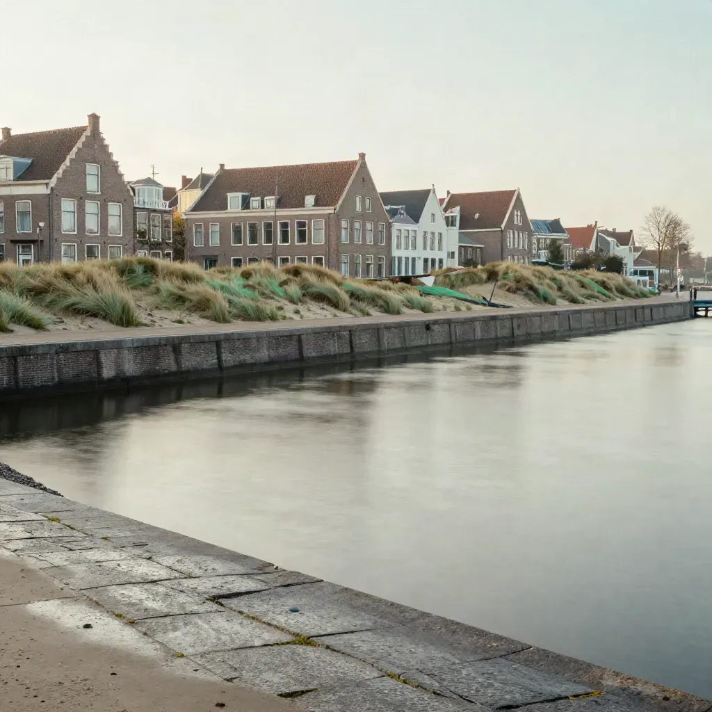 Blauwe uur boven Den Haag en Leiden met pale brick, water en rustige ruimte voor tekst.